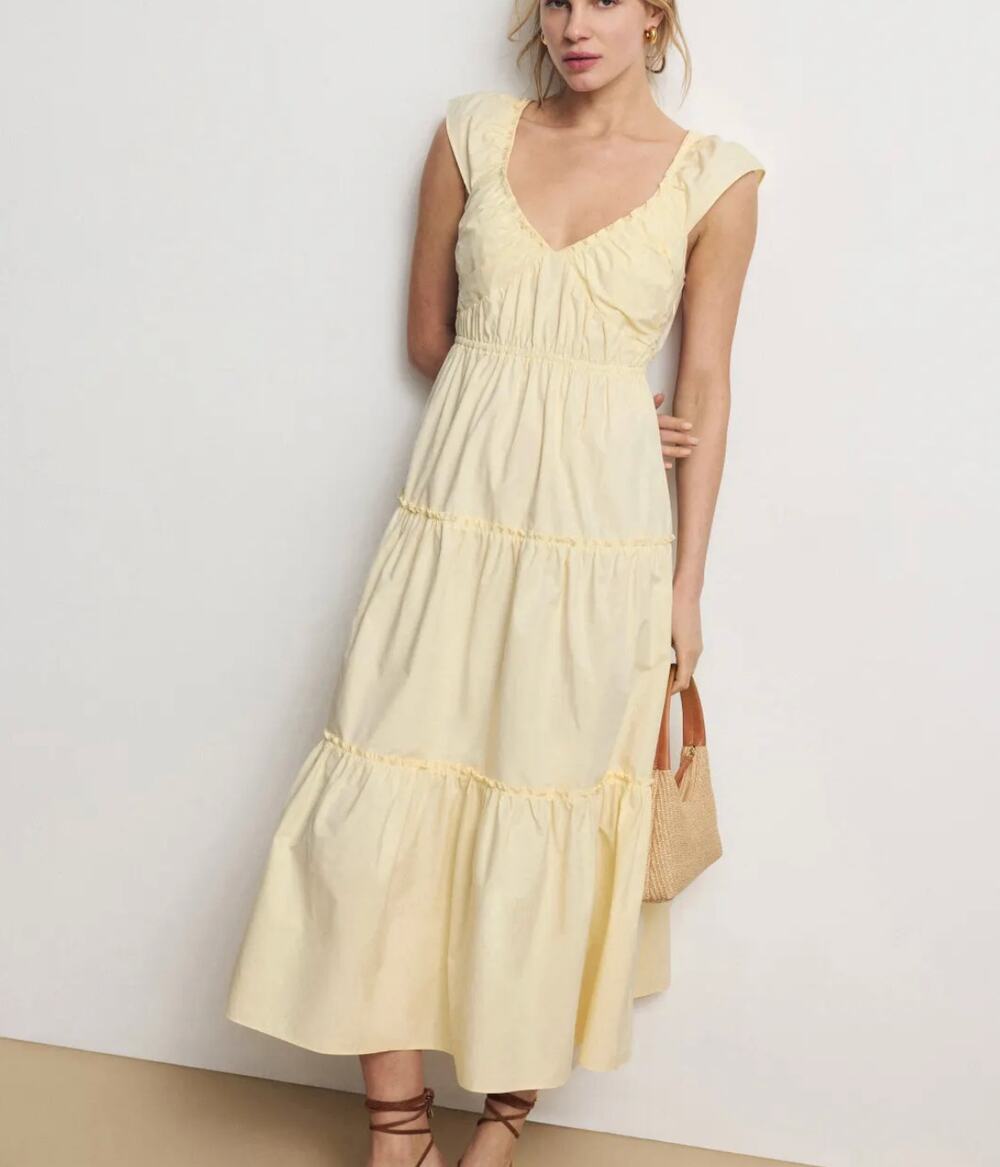 Derek Lam Yellow Tiered Ruffle Midi Dress Size 2 Cotton Cottage Designer $420
